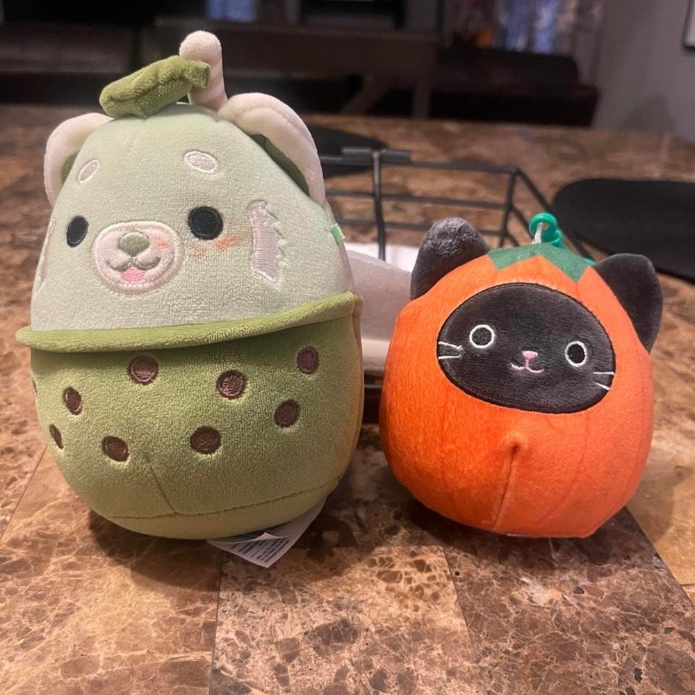 Squishmallow bundle! Green bear w/brown polka dots orange pumpkin cat plush.